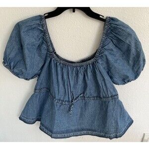 Planet Heart Womens Twilight Wash Denim Peasant Blouse Sz Large Blue Cottagecore